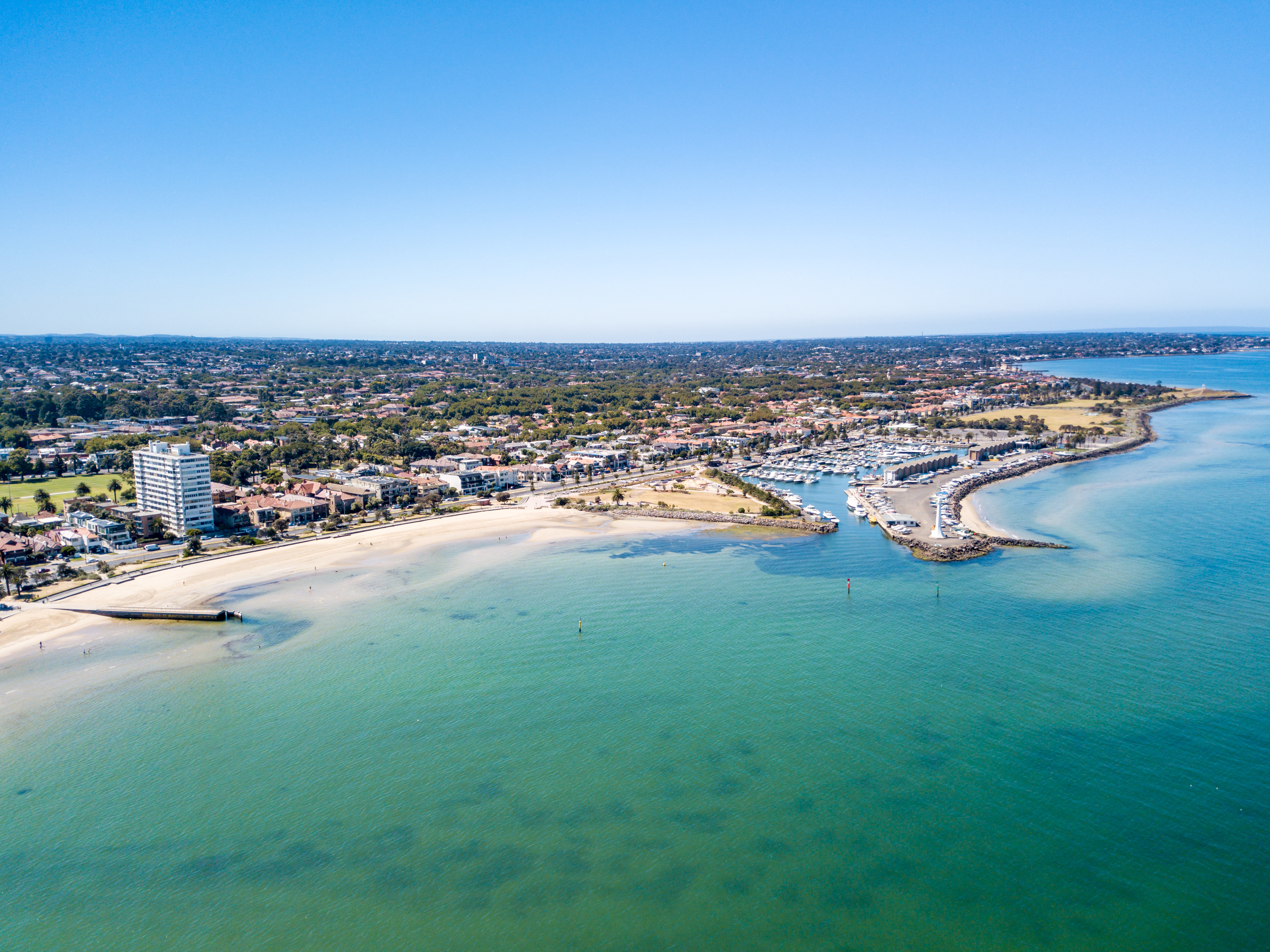 Aerial view of St Kilda, Melbourne, where emergency electrician services by Approved Electrix are readily available 24/7 for the local community.