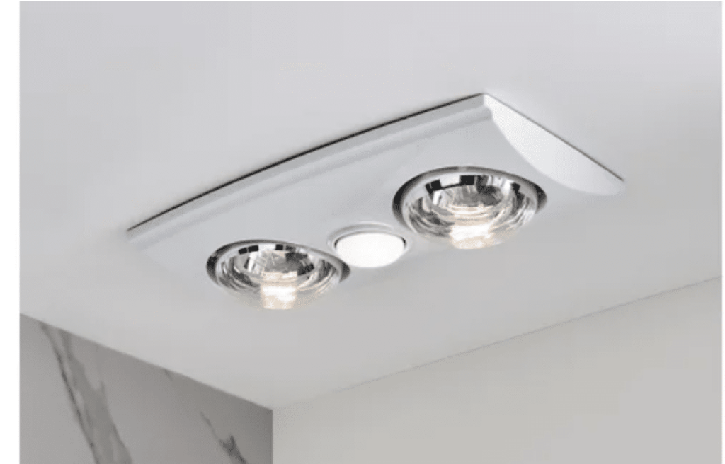 Martec Contour 2 white 3-in-1 bathroom heater, featuring two infrared heat lamps and a central LED light.