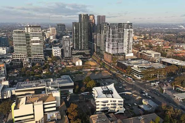 Aerial view of Box Hill CBD looking east from Kingsley Gardens in Mont Albert, Melbourne