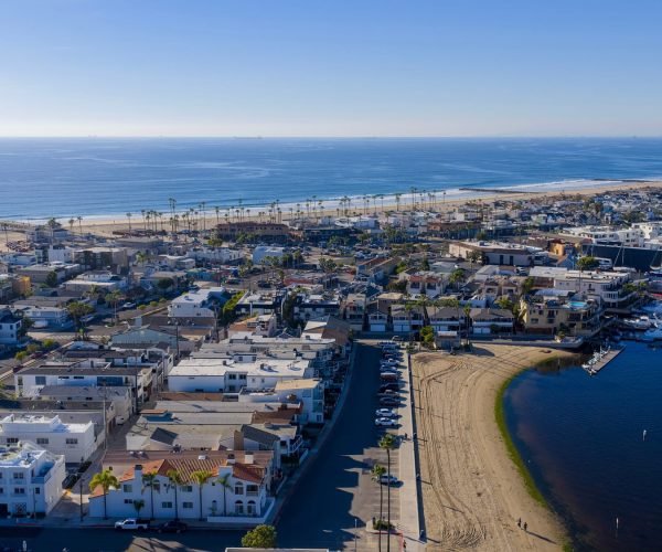 Aerial view of Newport beach town with sandy shores and the ocean, showcasing vibrant coastal life and scenic landscapes.