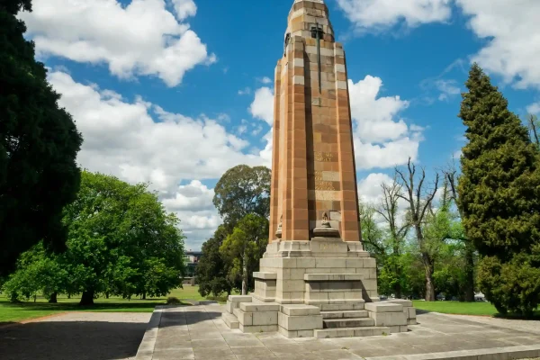 War memorial located in St James Park in Hawthorn, Melbourne, Australia, surrounded by lush greenery and a tranquil setting.